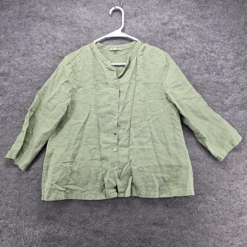 EILEEN FISHER Button-Up Tunic Womens M Green Linen V-Neck 3/4 Sleeve Relaxed Fit